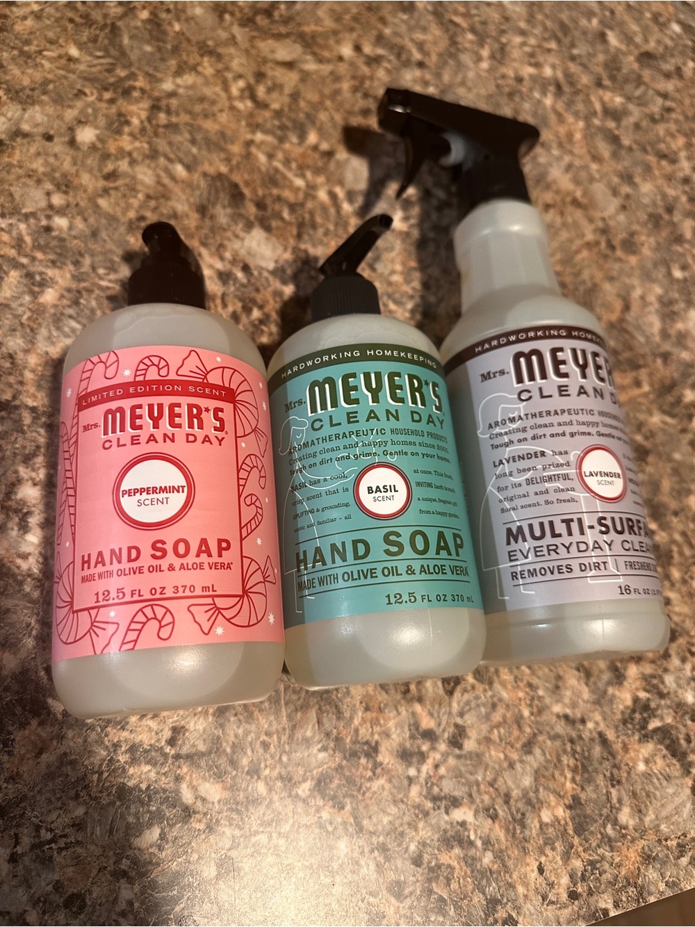 Mrs. Meyer's Peppermint & Basil Hand Soap, and lavender multi surface cleaner